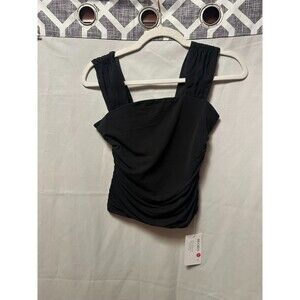 NWT Reo­ria Square Neck Dou­ble Lined Mesh Sheer Ruched Crop Black Size Small